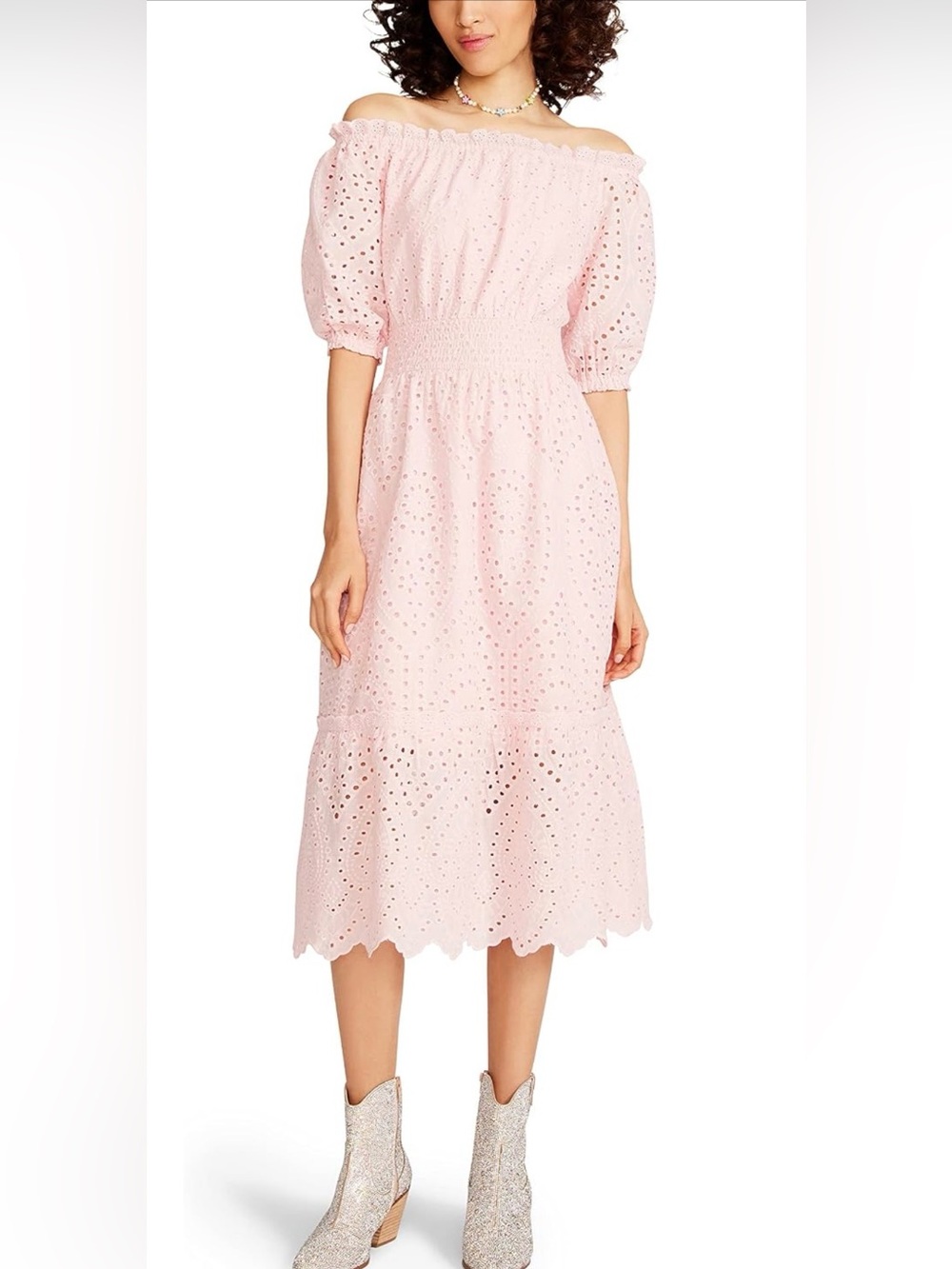 Betsey Johnson On Off Shoulder Eyelet Midi Dress Pink Size M NWT